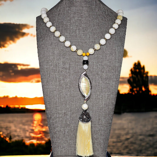 Druzy White Pearl Tassel Necklace - Tassel Drop BOHO Necklace Necklaces Alice Jewel   