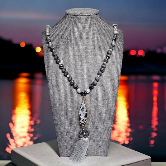 Labradorite and Pearl Tassel Necklace Necklaces Alice Jewel   