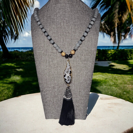 Long Beaded Tassel Gray Necklace Necklaces Alice Jewel   